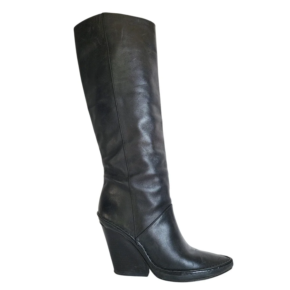 Tory Burch Black Leather Pointed Toe Wedge Knee High Tall Boots 8.5